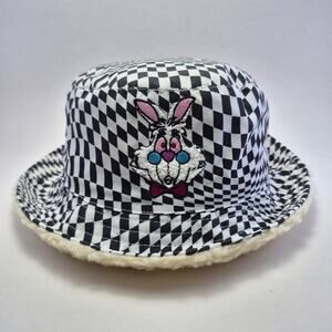 DISNEY "Alice In Wonderland" Rabbit Black & White Checkered Bucket Hat Size OSFM